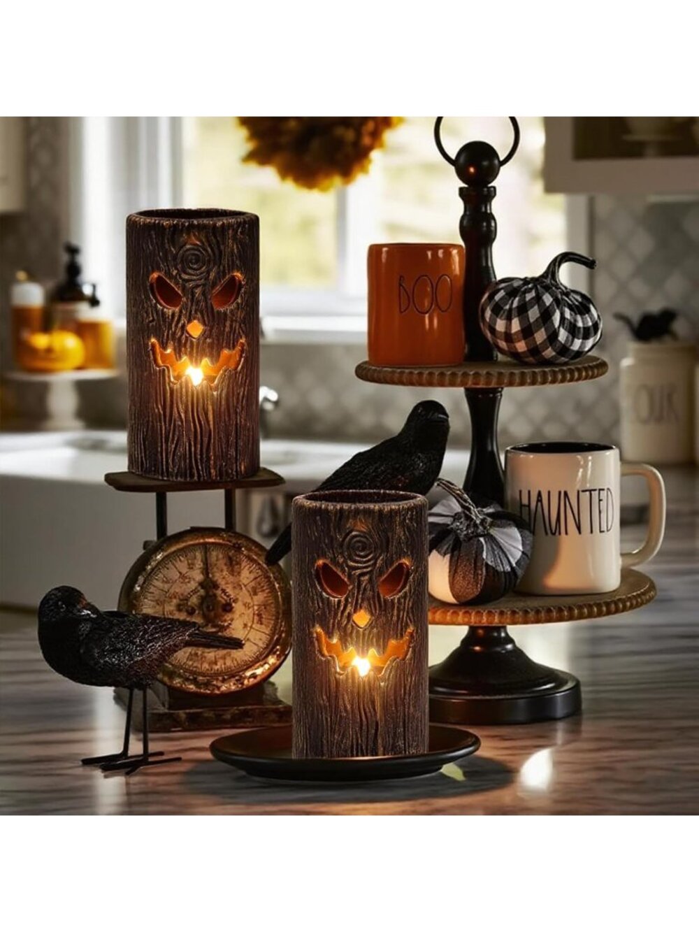 2PCS Halloween Ghost Tree Carved Flameless Pillar Candles Real Wax 6H Timer - Picture 5 of 7